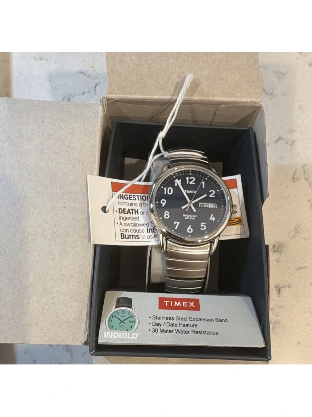 Timex Timecenter Indiglo Blue Dial Day/Date 30m SS Expansion Band Watch